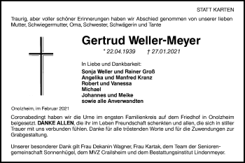 Traueranzeige von Gertrud Weller-Meyer von Hohenloher Tagblatt