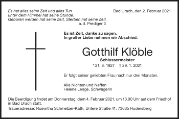 Traueranzeige von Gotthilf Klöble von Metzinger-Uracher Volksblatt