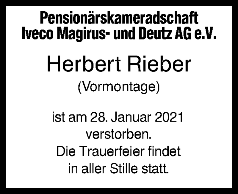  Traueranzeige für Herbert Rieber vom 16.02.2021 aus SÜDWEST PRESSE Ausgabe Ulm/Neu-Ulm