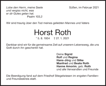 Traueranzeige von Horst Roth von NWZ Neue Württembergische Zeitung/Geislinger Zeitung