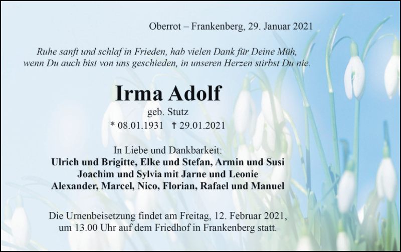  Traueranzeige für Irma Adolf vom 10.02.2021 aus Haller Tagblatt
