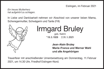 Traueranzeige von Irmgard Bruley von NWZ Neue Württembergische Zeitung