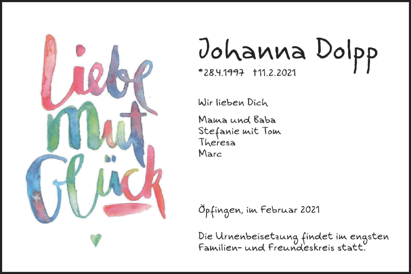  Traueranzeige für Johanna Dolpp vom 20.02.2021 aus Ehinger Tagblatt
