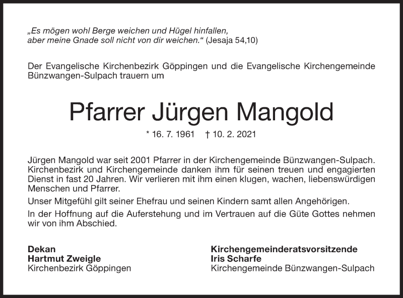  Traueranzeige für Jürgen Mangold vom 16.02.2021 aus NWZ Neue Württembergische Zeitung
