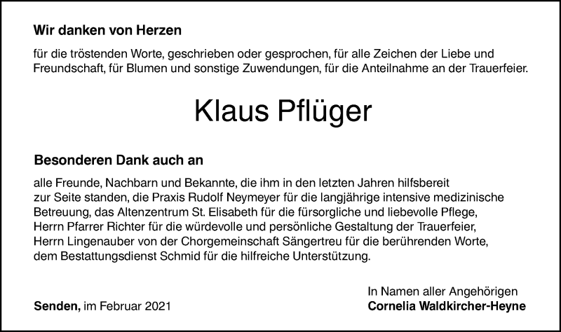  Traueranzeige für Klaus Pflüger vom 27.02.2021 aus SÜDWEST PRESSE Ausgabe Ulm/Neu-Ulm