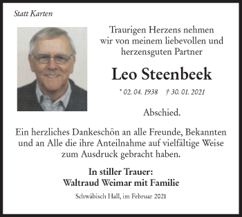 Traueranzeige von Leo Steenbeek von Haller Tagblatt