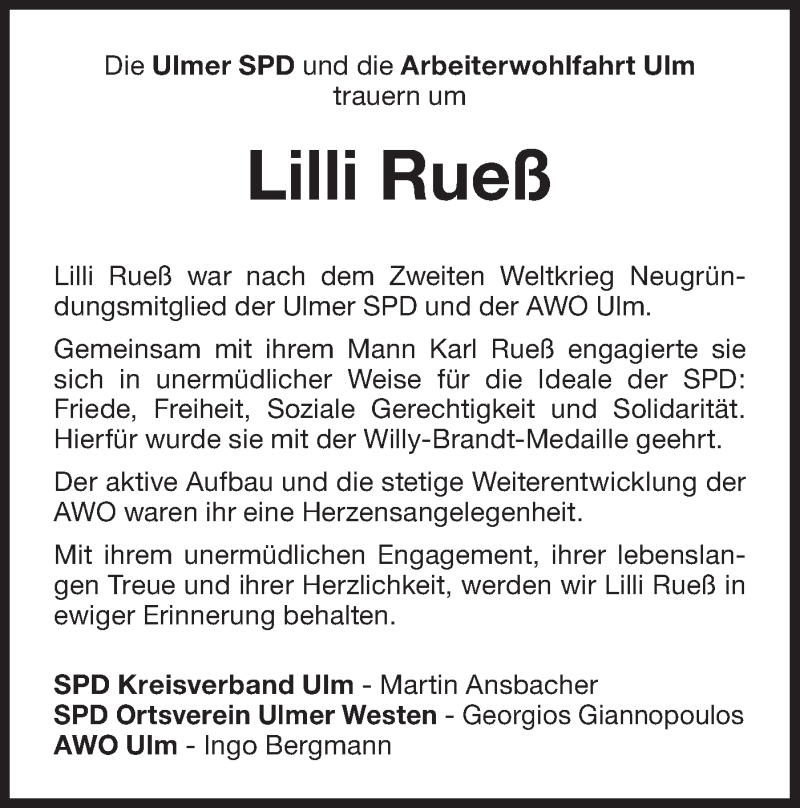  Traueranzeige für Lilli Rueß vom 27.02.2021 aus SÜDWEST PRESSE Ausgabe Ulm/Neu-Ulm
