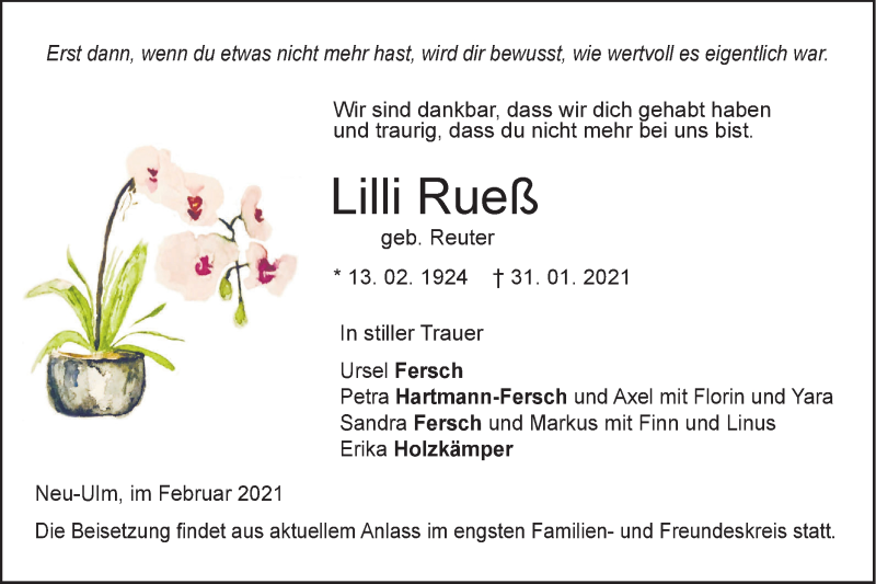  Traueranzeige für Lilli Rueß vom 06.02.2021 aus SÜDWEST PRESSE Ausgabe Ulm/Neu-Ulm