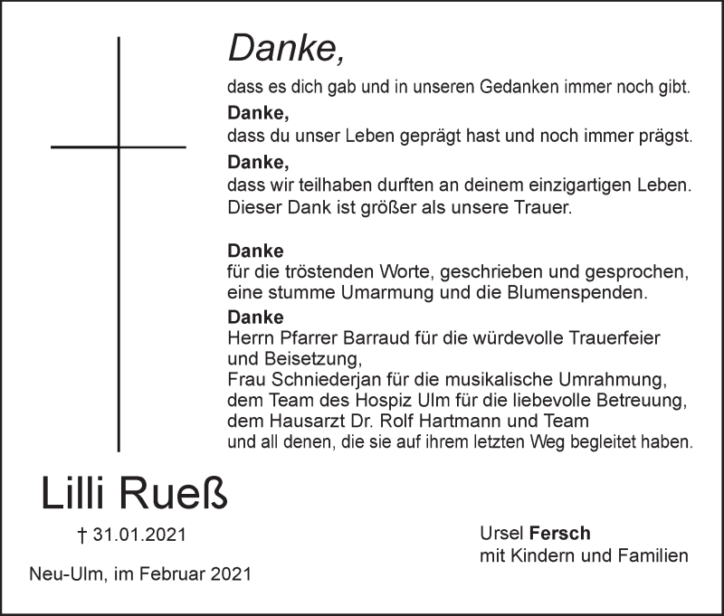  Traueranzeige für Lilli Rueß vom 20.02.2021 aus SÜDWEST PRESSE Ausgabe Ulm/Neu-Ulm
