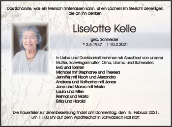 Traueranzeige von Liselotte Kelle von Haller Tagblatt
