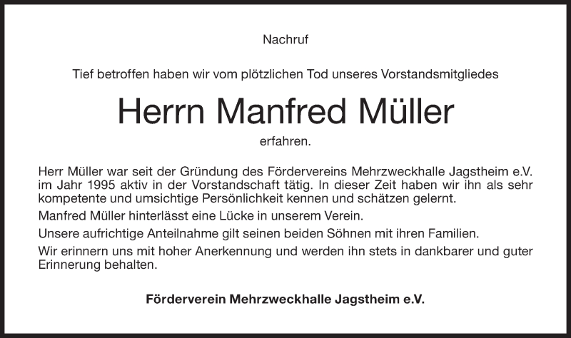  Traueranzeige für Manfred Müller vom 05.02.2021 aus Hohenloher Tagblatt
