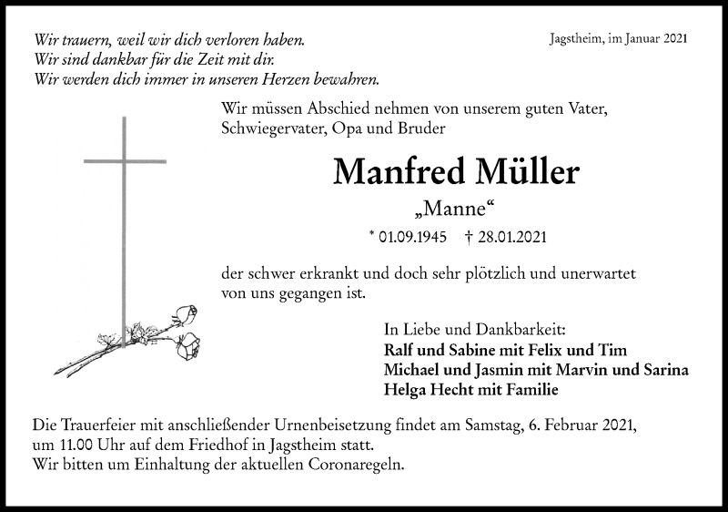  Traueranzeige für Manfred Müller vom 03.02.2021 aus Hohenloher Tagblatt