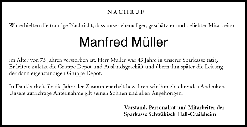  Traueranzeige für Manfred Müller vom 04.02.2021 aus Hohenloher Tagblatt