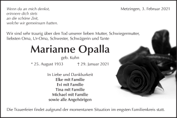 Traueranzeige von Marianne Opalla von Metzinger-Uracher Volksblatt