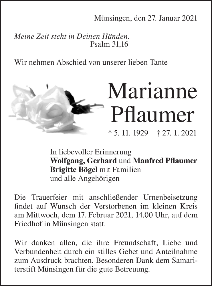  Traueranzeige für Marianne Pflaumer vom 12.02.2021 aus Alb-Bote/Metzinger-Uracher Volksblatt