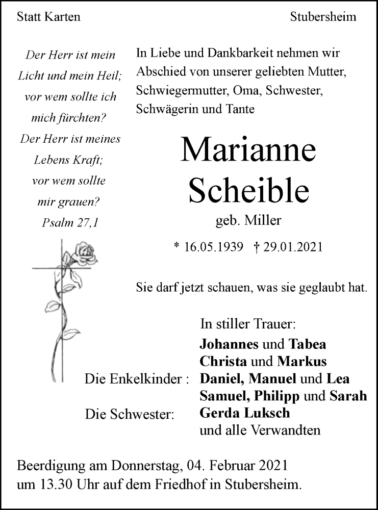  Traueranzeige für Marianne Scheible vom 02.02.2021 aus Geislinger Zeitung
