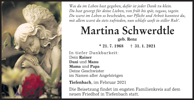  Traueranzeige für Martina Schwerdtle vom 06.02.2021 aus SÜDWEST PRESSE Ausgabe Ulm/Neu-Ulm