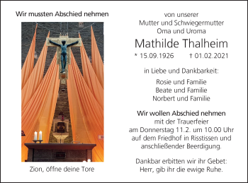 Traueranzeige von Mathilde Thalheim von Ehinger Tagblatt