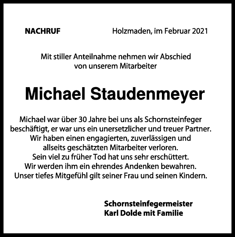  Traueranzeige für Michael Staudenmeyer vom 06.02.2021 aus Geislinger Zeitung