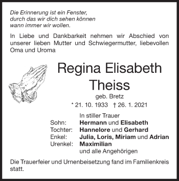 Traueranzeige von Regina Elisabeth Theiss von NWZ Neue Württembergische Zeitung