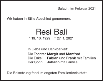 Traueranzeige von Resi Bali von NWZ Neue Württembergische Zeitung