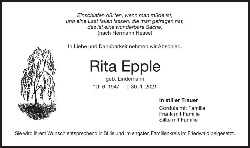  Traueranzeige für Rita Epple vom 09.02.2021 aus Metzinger-Uracher Volksblatt