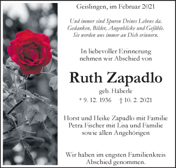 Traueranzeige von Ruth Zapadlo von Geislinger Zeitung