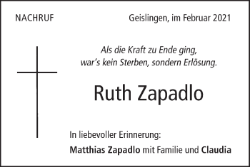 Traueranzeige von Ruth Zapadlo von Geislinger Zeitung