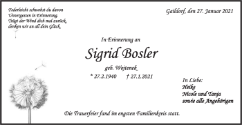 Traueranzeige von Sigrid Bosler von Rundschau Gaildorf