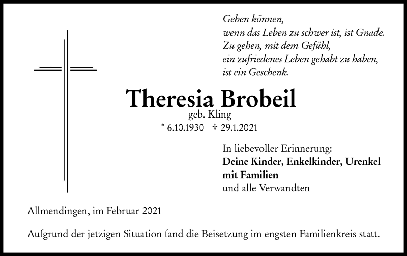  Traueranzeige für Theresia Brobeil vom 17.02.2021 aus Ehinger Tagblatt