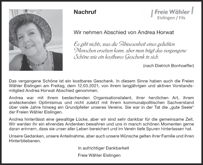  Traueranzeige für Andrea Horwat vom 18.03.2021 aus NWZ Neue Württembergische Zeitung