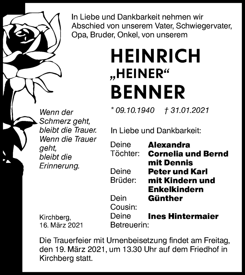  Traueranzeige für Heinrich Benner vom 16.03.2021 aus Hohenloher Tagblatt