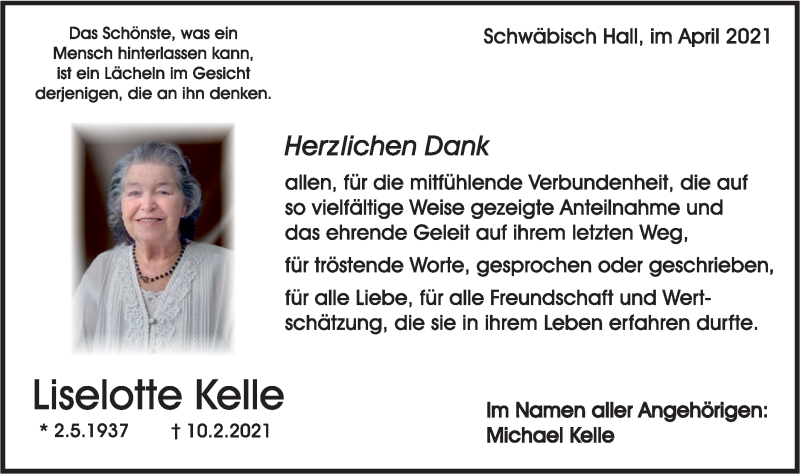  Traueranzeige für Liselotte Kelle vom 20.04.2021 aus Haller Tagblatt