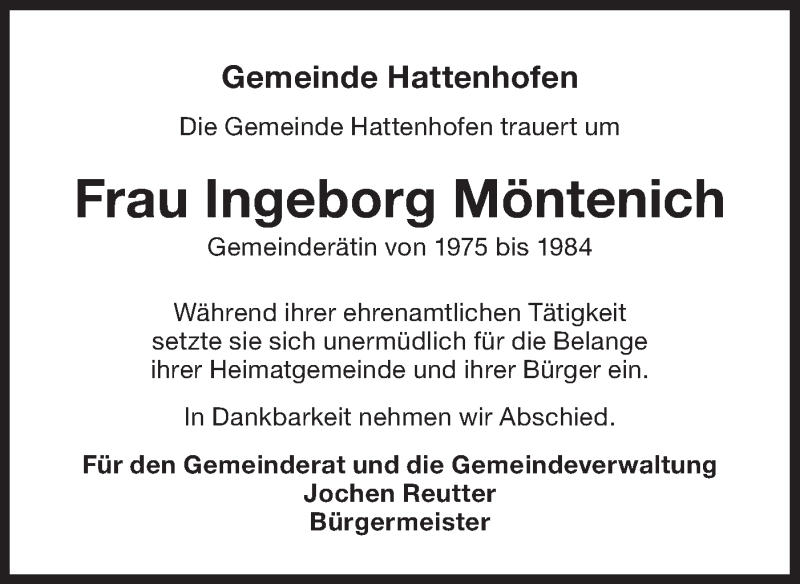  Traueranzeige für Ingeborg Möntenich vom 01.02.2022 aus NWZ Neue Württembergische Zeitung