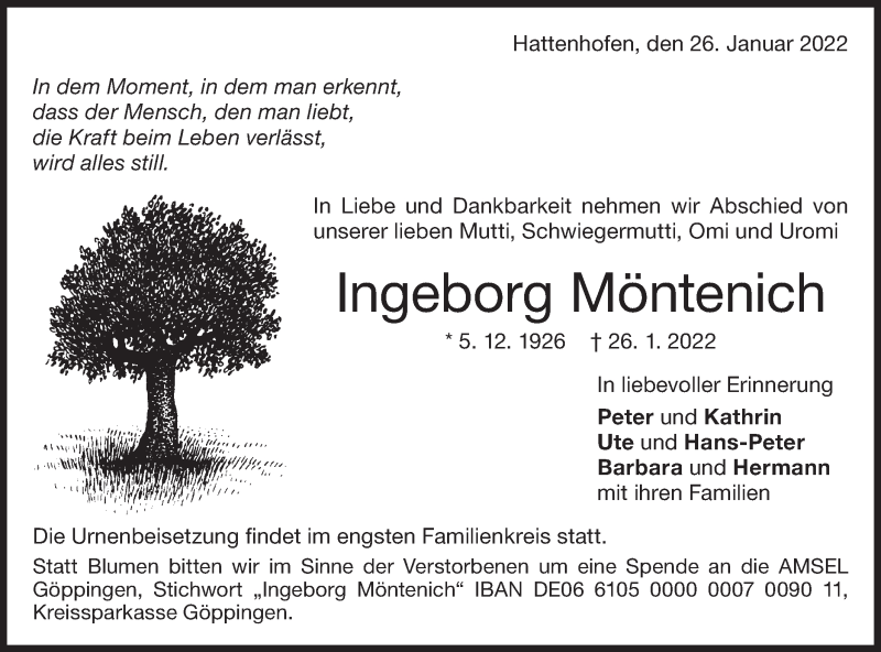  Traueranzeige für Ingeborg Möntenich vom 29.01.2022 aus NWZ Neue Württembergische Zeitung