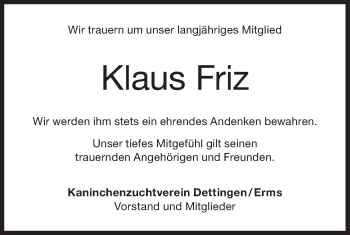 Traueranzeige von Klaus Friz von Metzinger-Uracher Volksblatt