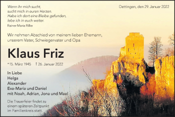 Traueranzeige von Klaus Friz von Metzinger-Uracher Volksblatt