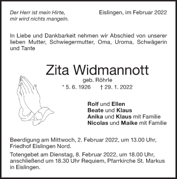 Traueranzeige von Zita Widmannott von NWZ Neue Württembergische Zeitung
