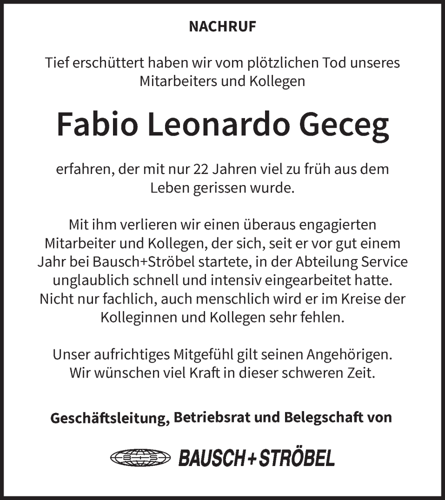  Traueranzeige für Fabio Leonardo Geceg vom 12.11.2022 aus Haller Tagblatt