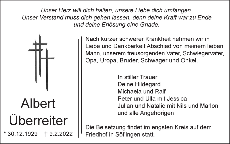  Traueranzeige für Albert Überreiter vom 19.02.2022 aus SÜDWEST PRESSE Ausgabe Ulm/Neu-Ulm