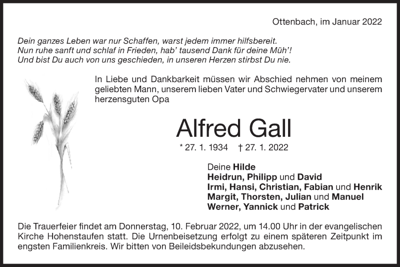 Traueranzeige für Alfred Gall vom 05.02.2022 aus NWZ Neue Württembergische Zeitung