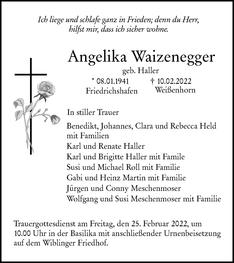  Traueranzeige für Angelika Waizenegger vom 23.02.2022 aus SÜDWEST PRESSE Ausgabe Ulm/Neu-Ulm