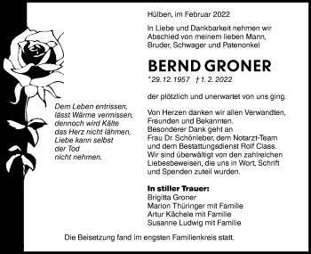 Traueranzeige von Bernd Groner von Metzinger-Uracher Volksblatt