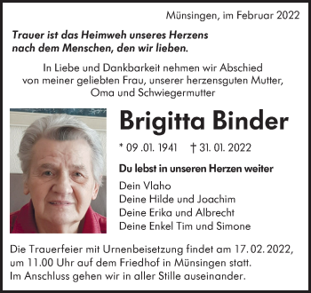 Traueranzeige von Brigitta Binder von Alb-Bote/Metzinger-Uracher Volksblatt