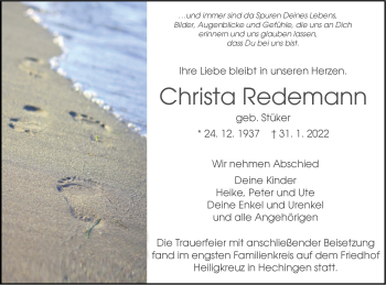 Traueranzeige von Christa Redemann von Metzinger-Uracher Volksblatt