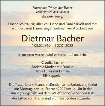 Traueranzeige von Dietmar Bacher von SÜDWEST PRESSE Ausgabe Ulm/Neu-Ulm