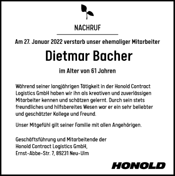 Traueranzeige von Dietmar Bacher von SÜDWEST PRESSE Ausgabe Ulm/Neu-Ulm