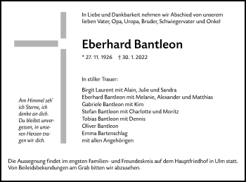 Traueranzeige von Eberhard Bantleon von SÜDWEST PRESSE Ausgabe Ulm/Neu-Ulm