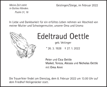 Traueranzeige von Edeltraud Oettle von Geislinger Zeitung
