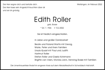 Traueranzeige von Edith Roller von Metzinger-Uracher Volksblatt
